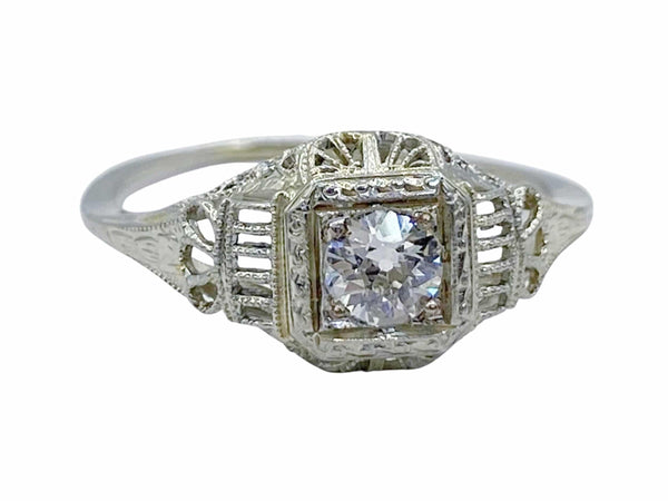 Front angle view of gorgeous 18k white gold ring with Old European Cut Diamond
