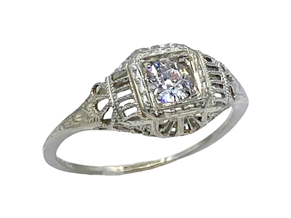Top angle view of gorgeous 18k white gold ring with Old European Cut Diamond