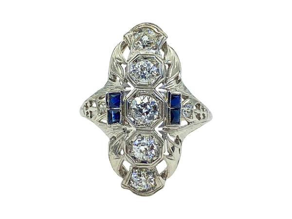 Front view of antique diamond and sapphire shield ring