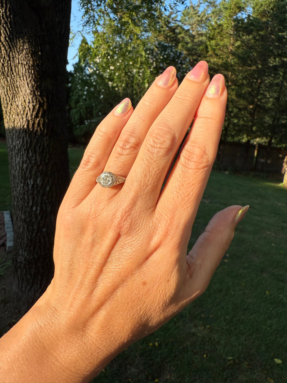 Antique Art Deco 0.52ct Diamond 18k White Gold Filigree Solitaire Engagement Ring Size 7.5