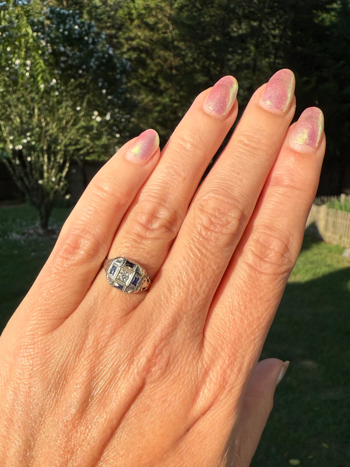 Stange Co. Antique Blue Sapphire Diamond White Gold Art Deco Circa 1920s Cocktail Ring - Moontide Vintage