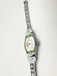 1928 Bulova Art Deco ladies watch in 14K white gold with diamonds and emeralds