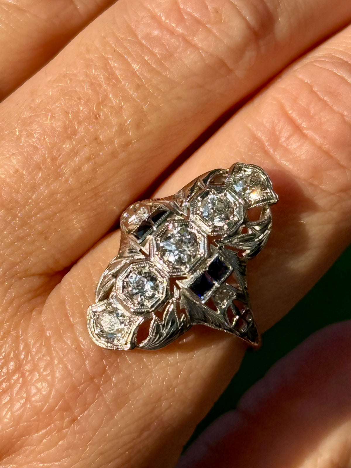 Antique Art Deco Belais Fine 1.5cttw Diamond Natural Sapphire 18k White Gold Shield Cocktail Ring Circa 1920s