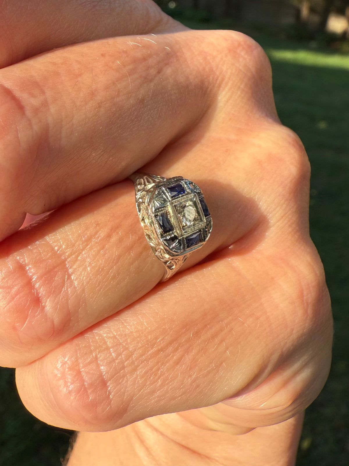 Stange Co. Antique Blue Sapphire Diamond White Gold Art Deco Circa 1920s Cocktail Ring - Moontide Vintage