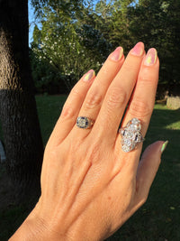 Antique Art Deco Belais Fine 1.5cttw Diamond Natural Sapphire 18k White Gold Shield Cocktail Ring Circa 1920s