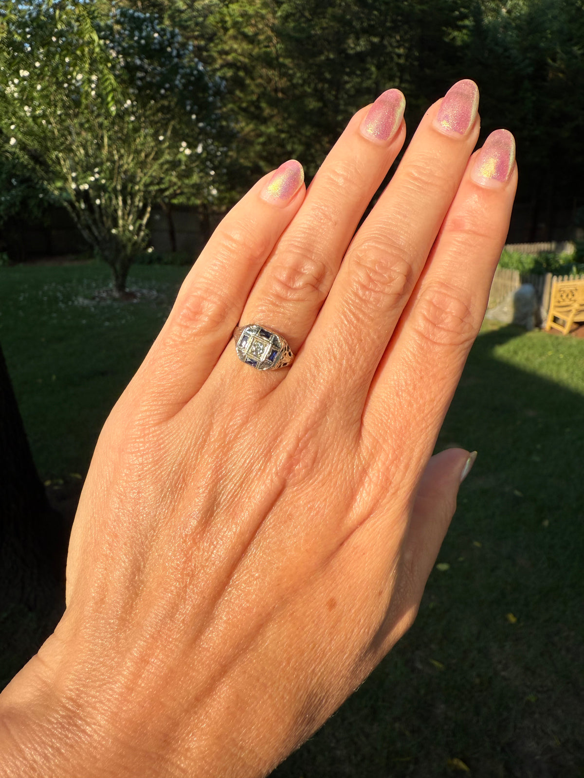 Stange Co. Antique Blue Sapphire Diamond White Gold Art Deco Circa 1920s Cocktail Ring - Moontide Vintage