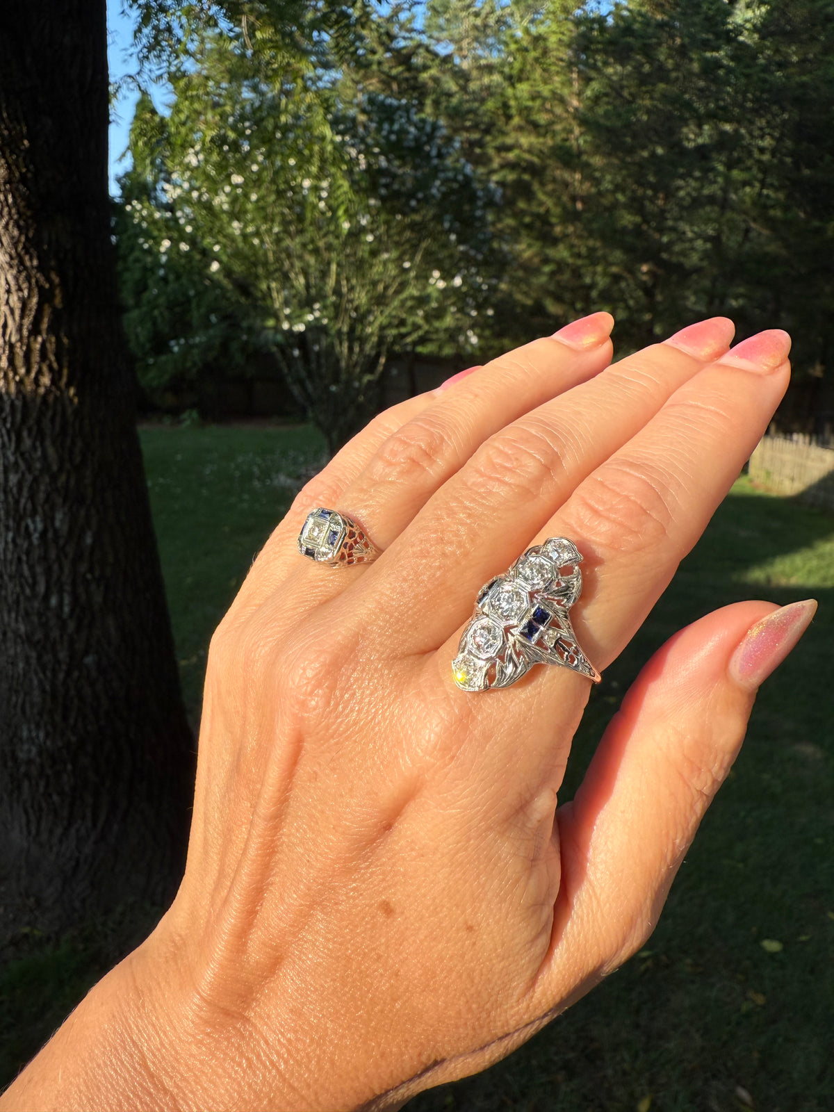 Antique Art Deco Belais Fine 1.5cttw Diamond Natural Sapphire 18k White Gold Shield Cocktail Ring Circa 1920s