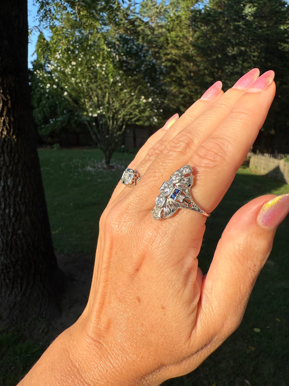 Antique Art Deco Belais Fine 1.5cttw Diamond Natural Sapphire 18k White Gold Shield Cocktail Ring Circa 1920s