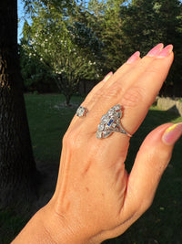Antique Art Deco Belais Fine 1.5cttw Diamond Natural Sapphire 18k White Gold Shield Cocktail Ring Circa 1920s