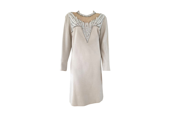 Mr Blackwell Custom Couture Deadstock Vintage 1960s Illusion Neckline Beaded Angel Dress MED - Moontide Vintage