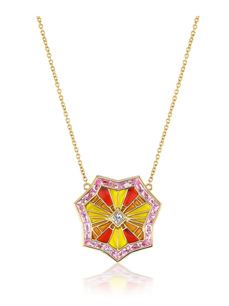 ARK 18K gold OM necklace with plique-à-jour enamel and calibré-cut pink sapphires