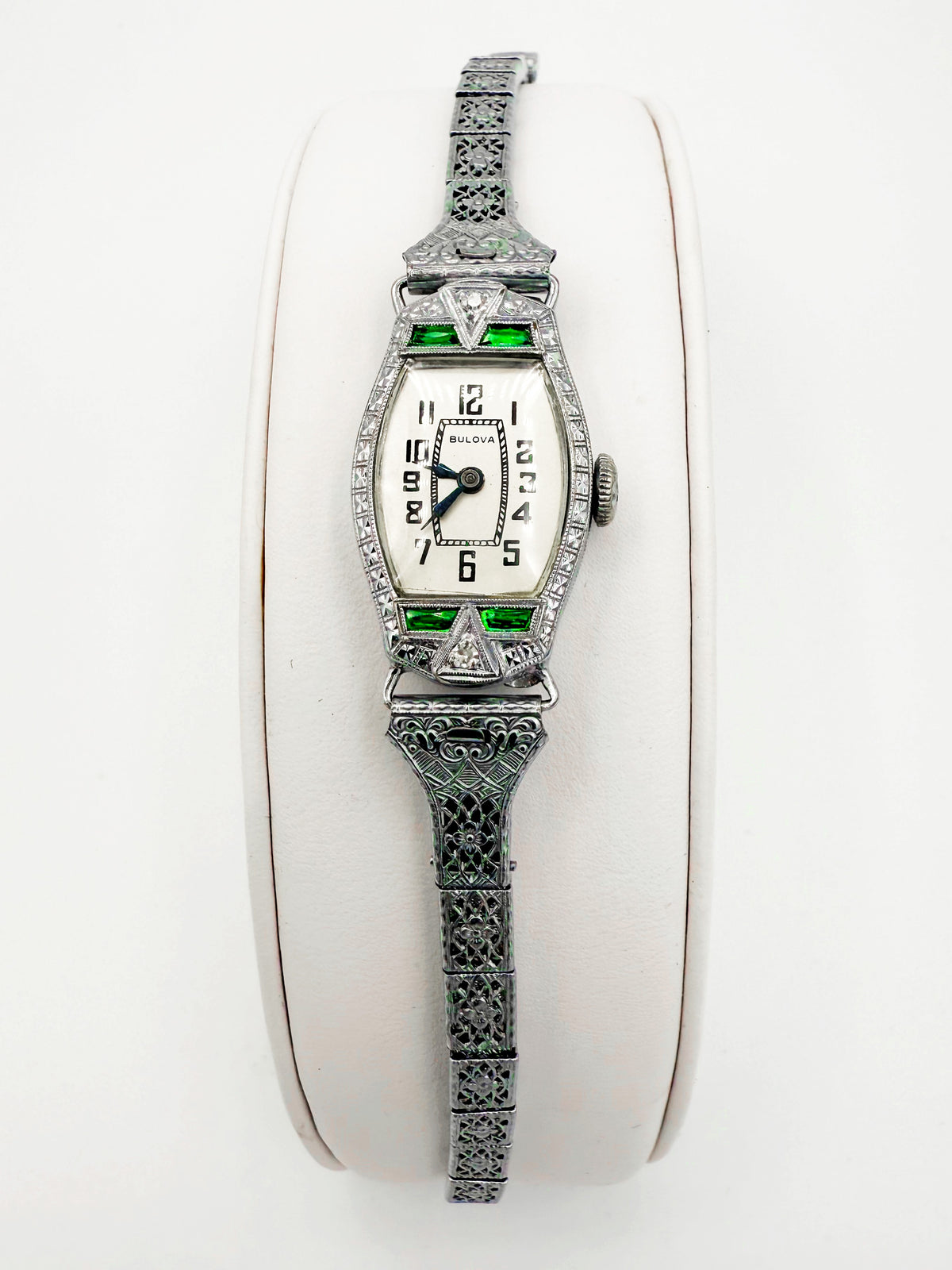 1928 Bulova Art Deco ladies watch in 14K white gold with diamonds and emeralds