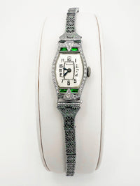 1928 Bulova Art Deco ladies watch in 14K white gold with diamonds and emeralds