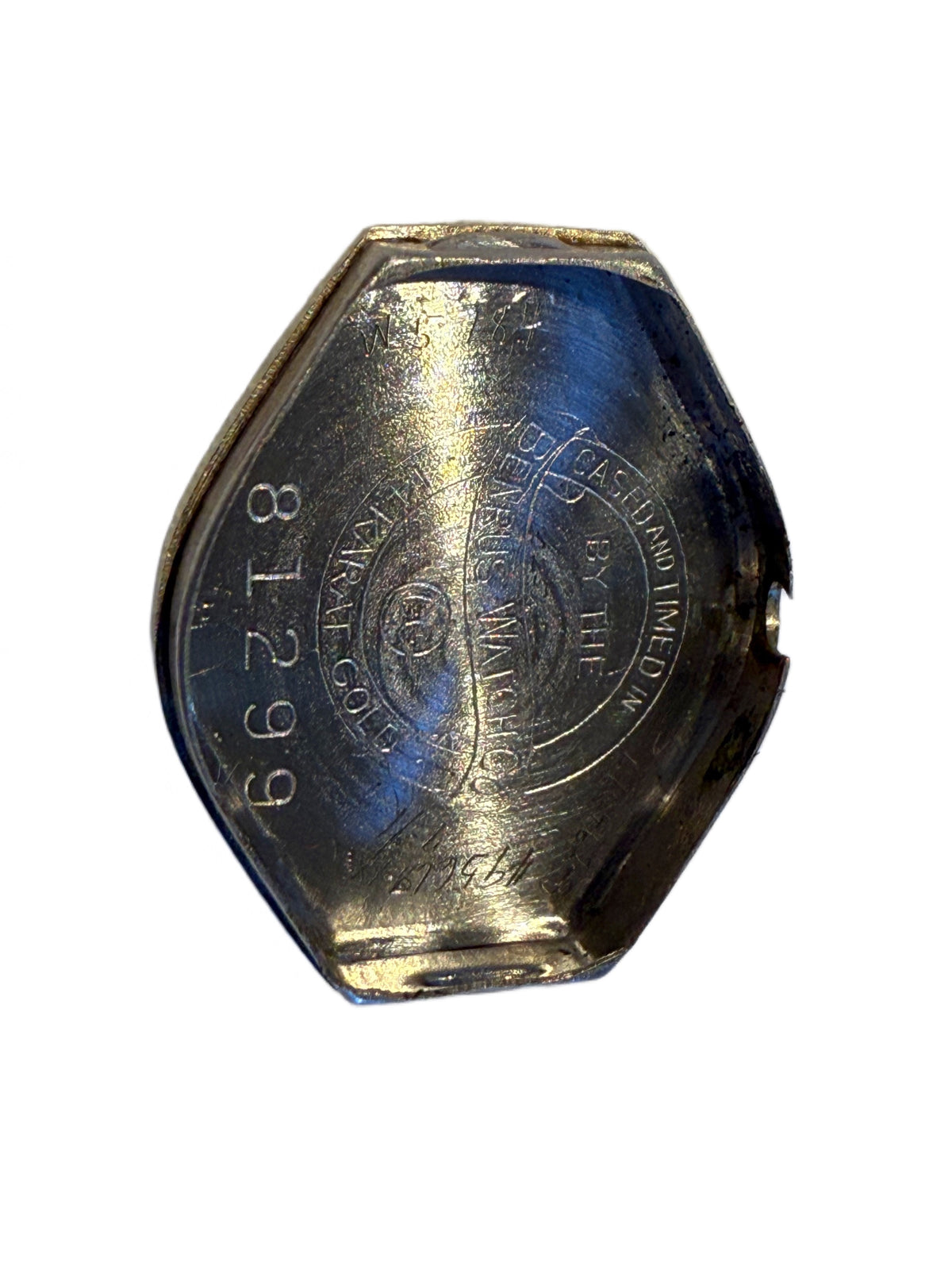 Inside caseback showing Benrus pre-war medallion hallmark reading ‘Cased and Timed in 14 Karat Gold by the Benrus Watch Co.