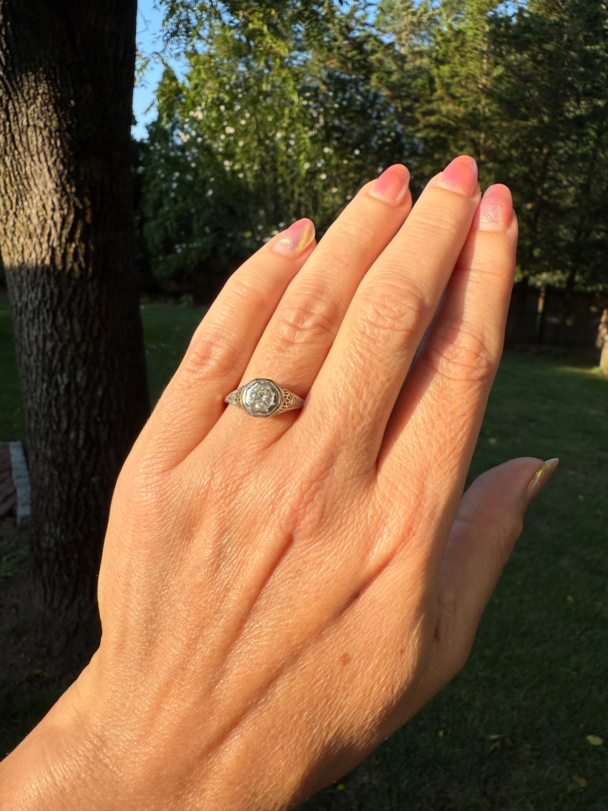 Antique Art Deco 0.52ct Diamond 18k White Gold Filigree Solitaire Engagement Ring Size 7.5