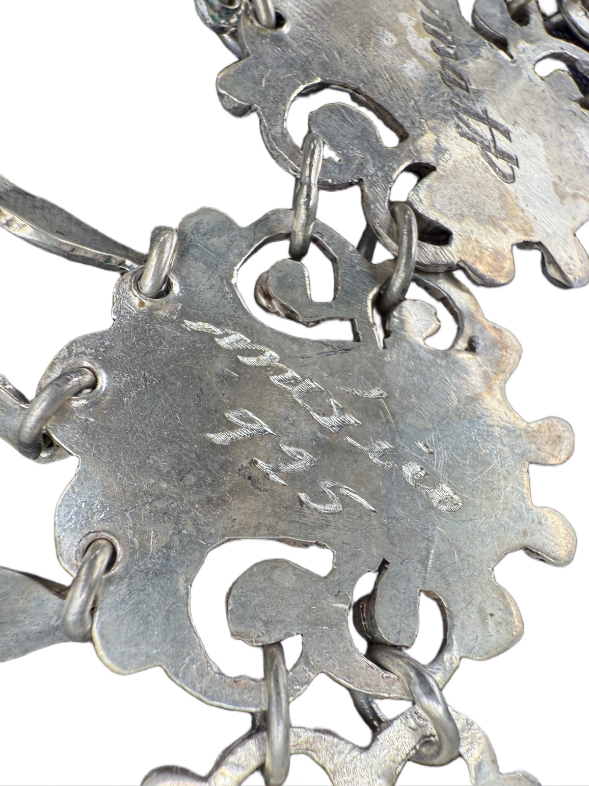 Sterling silver engraved Matl and Mexico 925 marks close-up detail