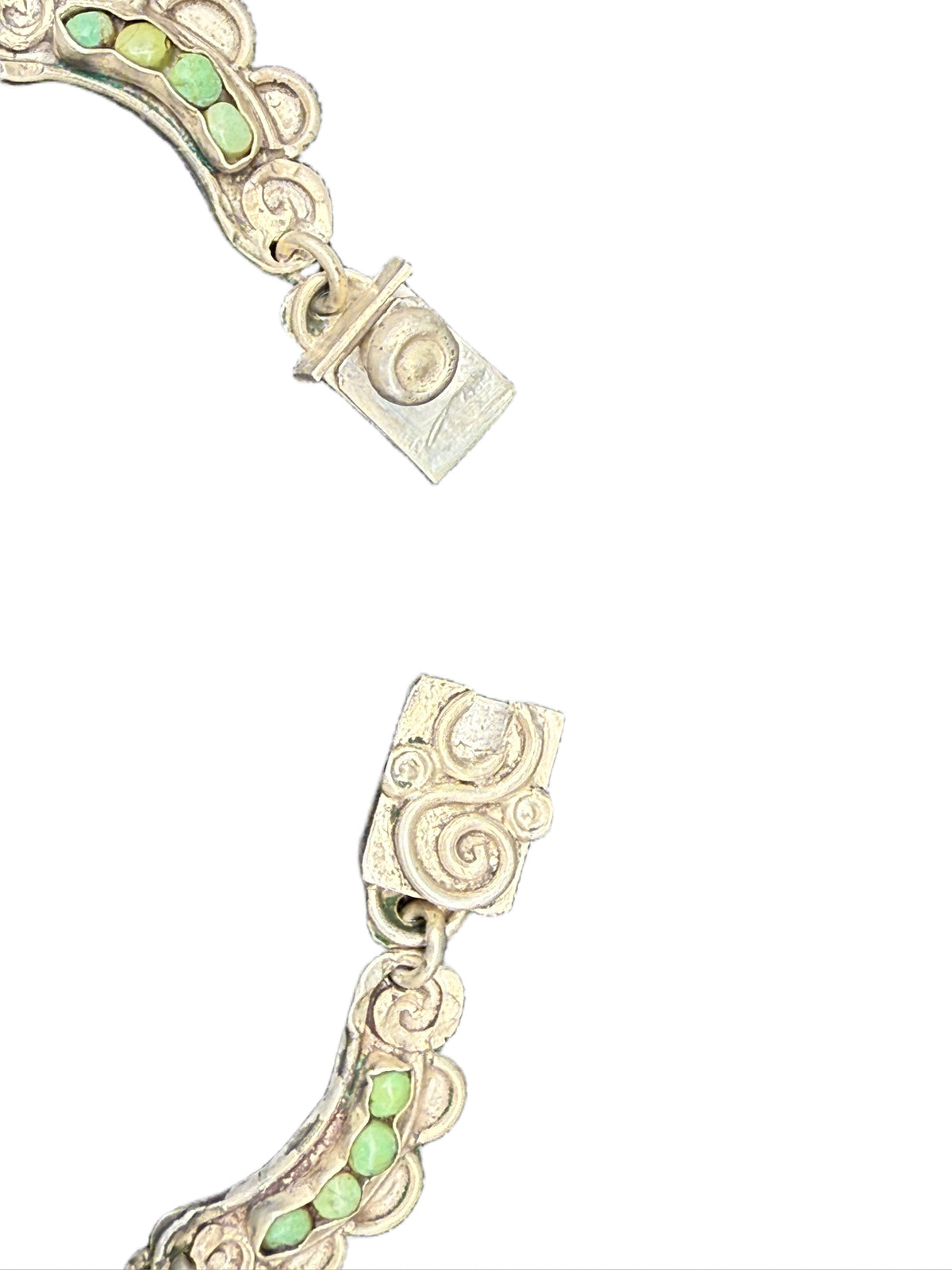 Hand-wrought sterling scrollwork on clasp of vintage Matl Salas necklace