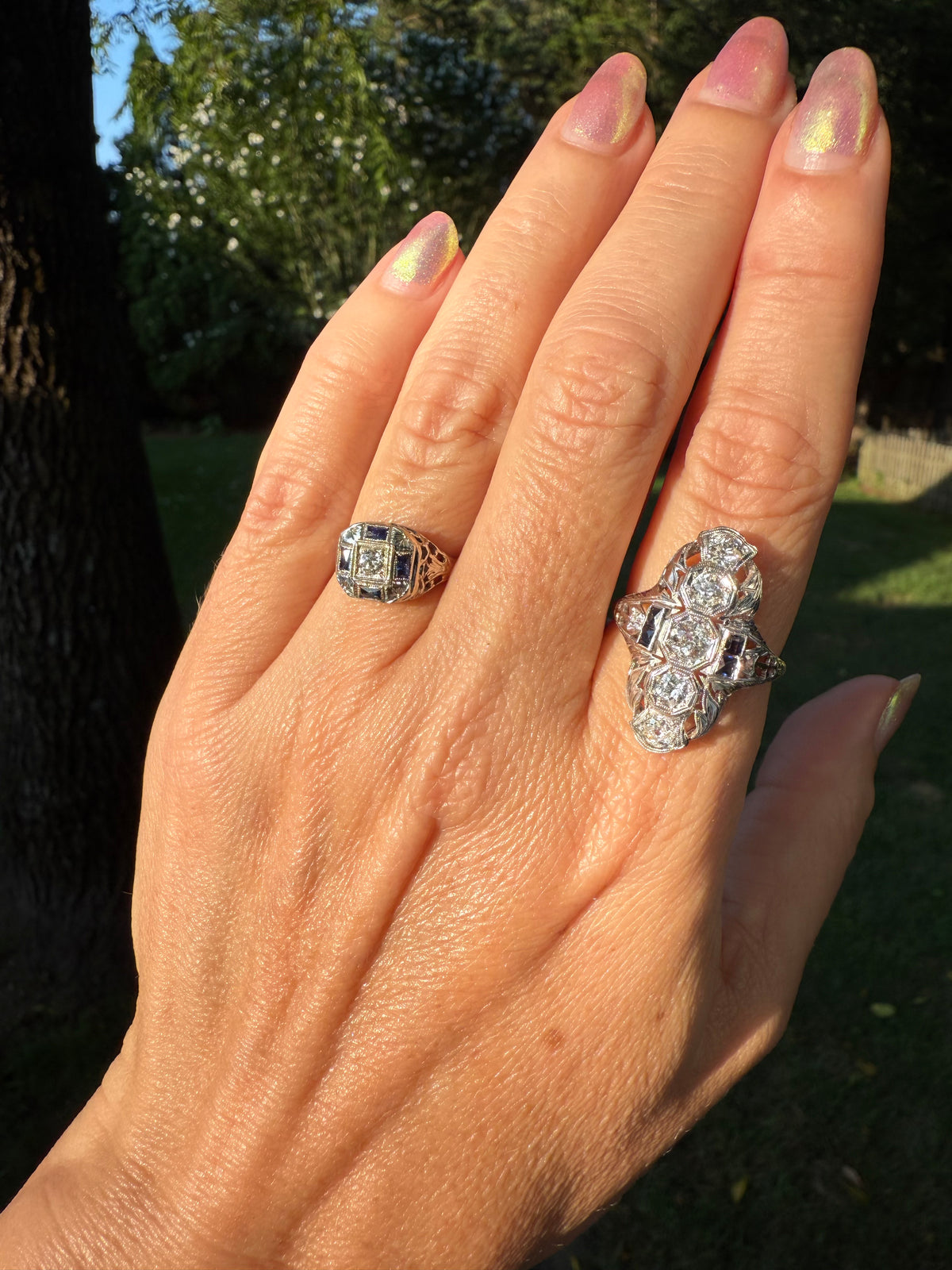 Antique Art Deco Belais Fine 1.5cttw Diamond Natural Sapphire 18k White Gold Shield Cocktail Ring Circa 1920s