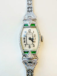 1928 Bulova Art Deco ladies watch in 14K white gold with diamonds and emeralds