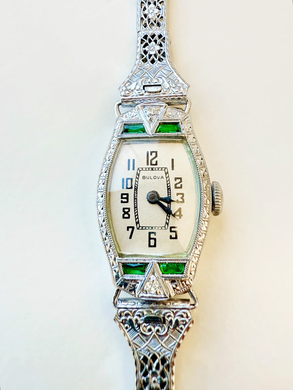 1928 Bulova Art Deco ladies watch in 14K white gold with diamonds and emeralds