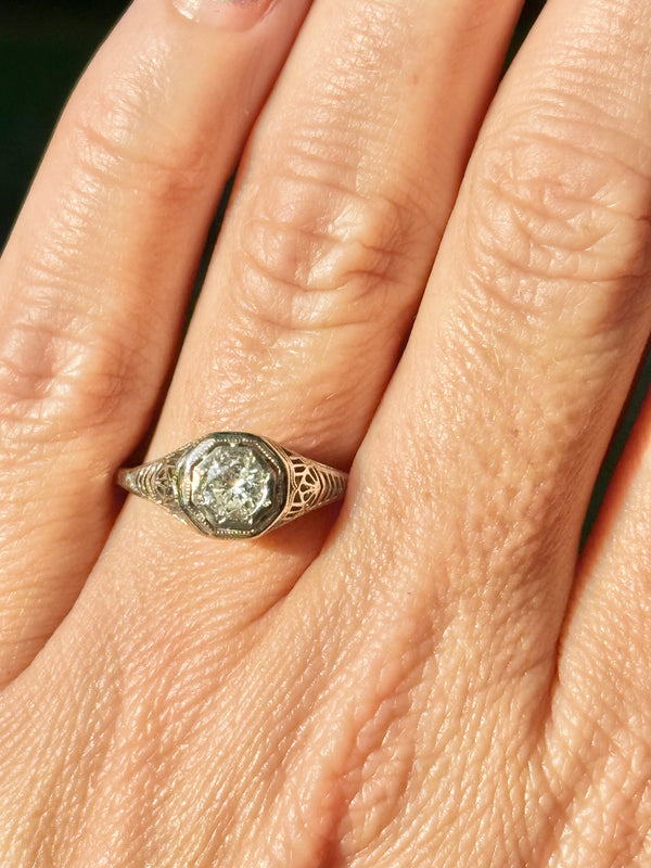 Antique Art Deco 0.52ct Diamond 18k White Gold Filigree Solitaire Engagement Ring Size 7.5 - Moontide Vintage