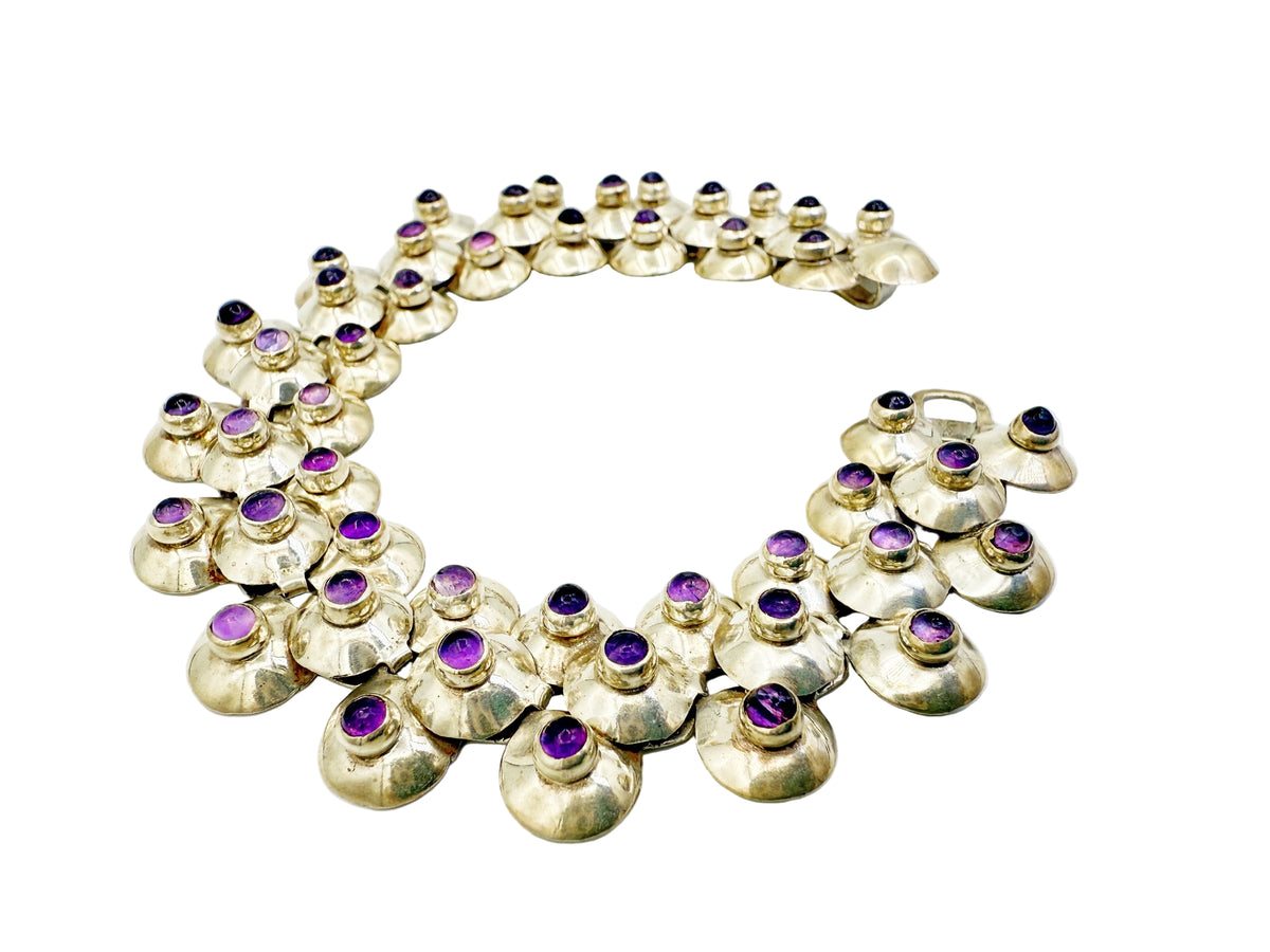 Vintage Fred Davis sterling silver and amethyst bracelet, top view