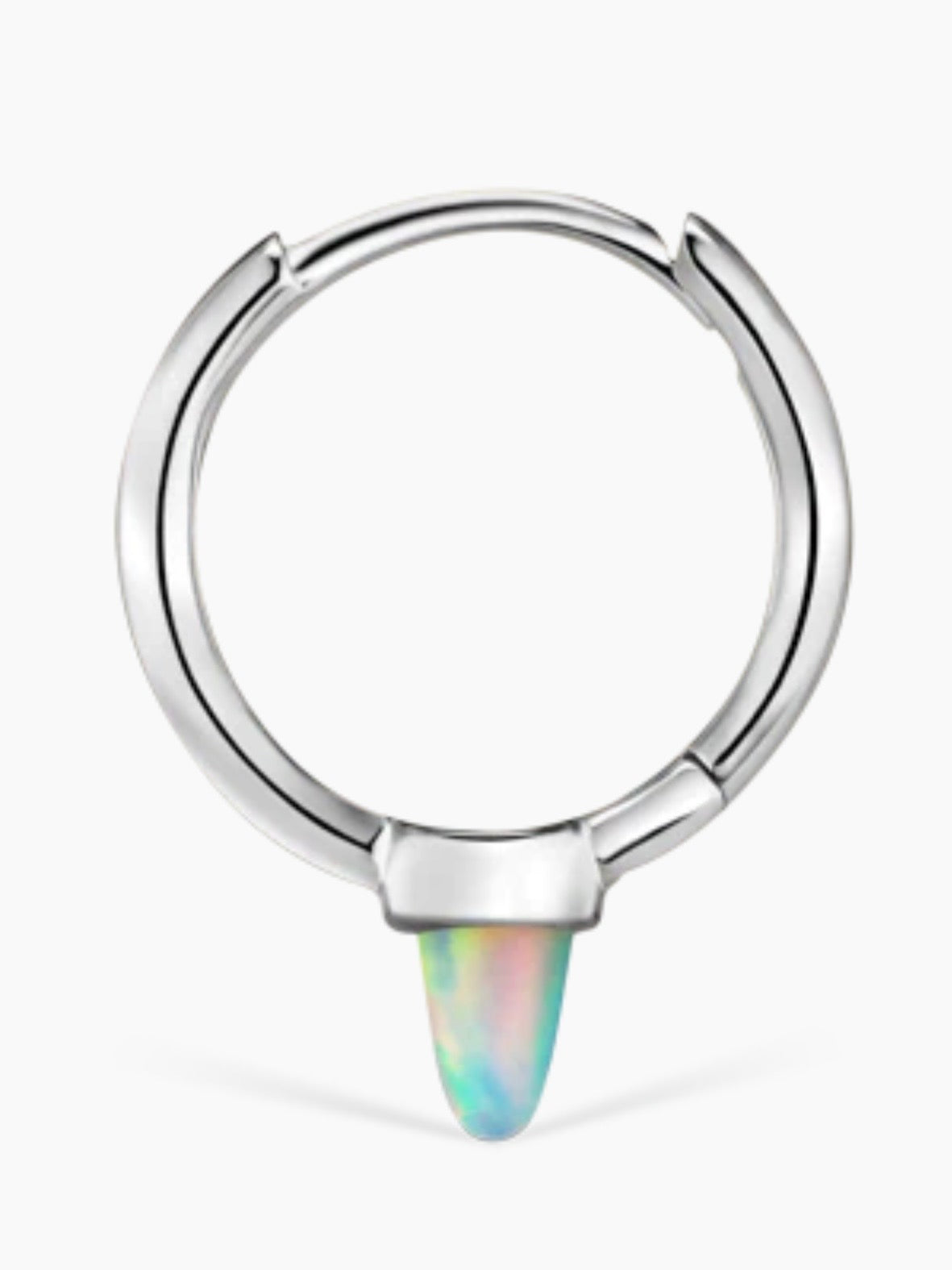 Close-up of Maria Tash 9.5mm 14K white gold hoop featuring short opal spike.