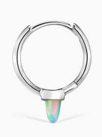 Close-up of Maria Tash 9.5mm 14K white gold hoop featuring short opal spike.