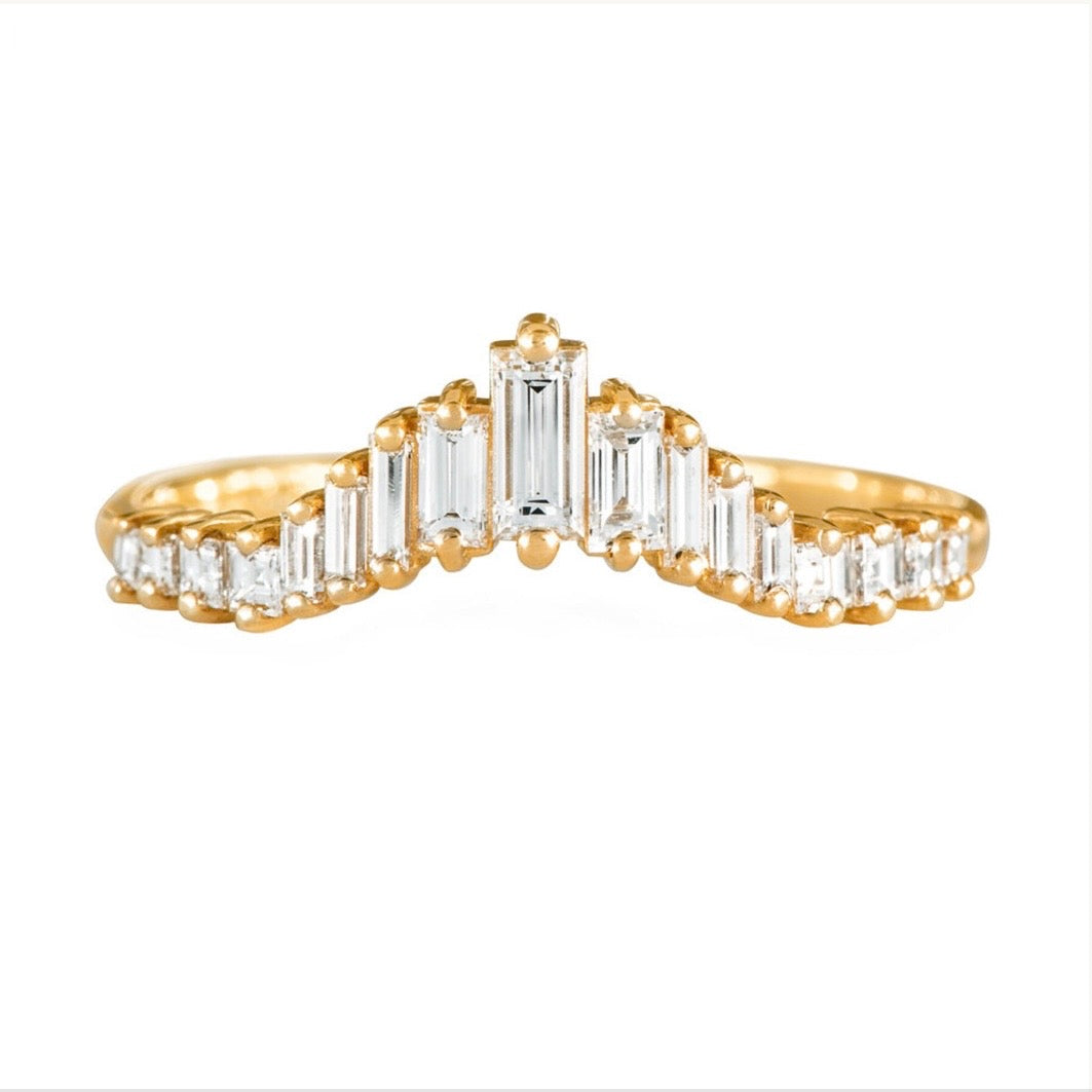 Artemer 18K gold tiara ring with tapered baguette diamond gradient