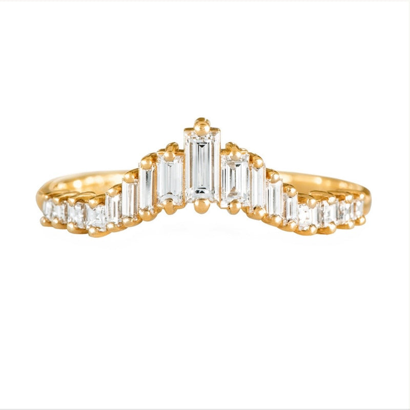 Artemer 18K gold tiara ring with tapered baguette diamond gradient