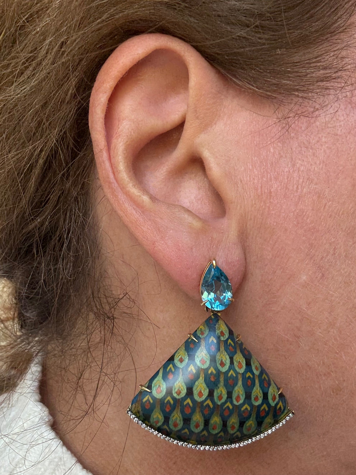 Silvia Furmanovich Egypt Marquetry Fan Earrings in 18K Gold with Blue Topaz and Diamonds