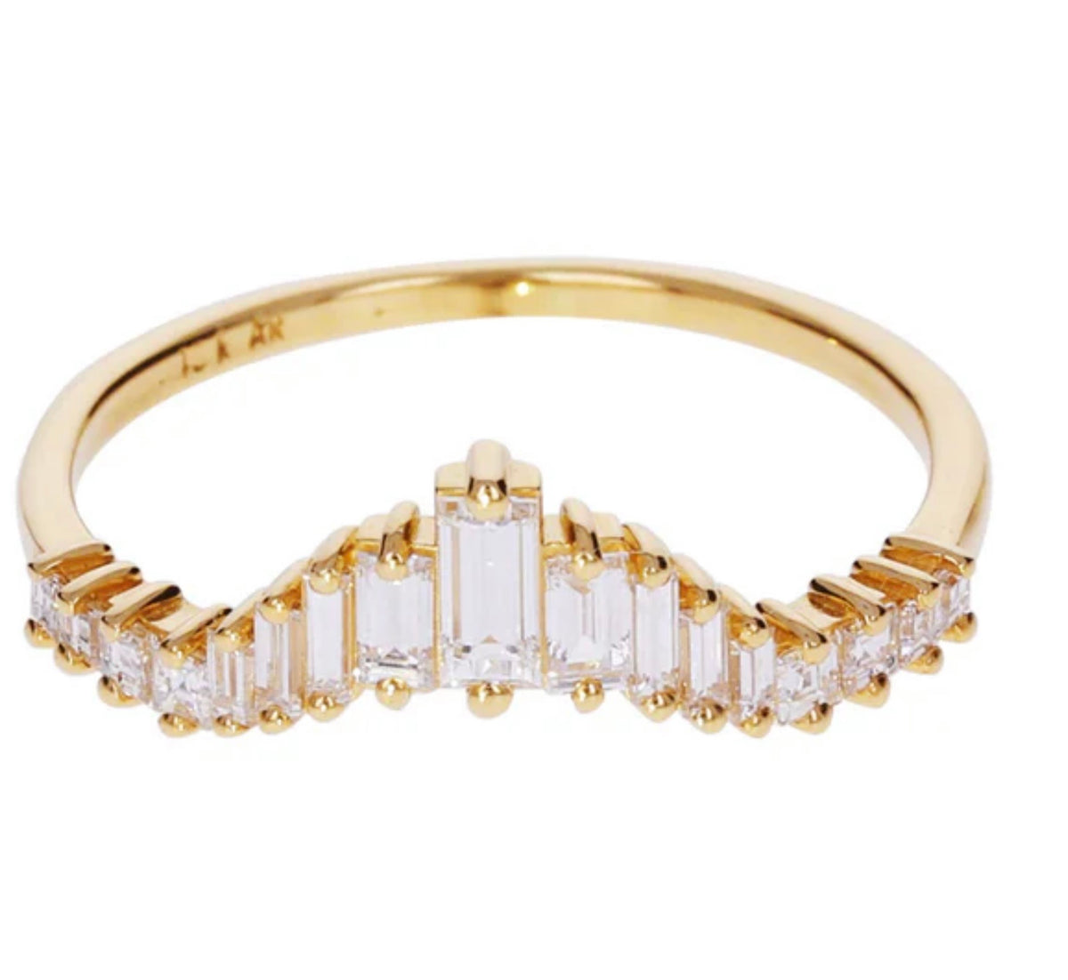 Modern gold ring with vertically set baguette diamonds forming a crown shape; Artemer hallmarks visible