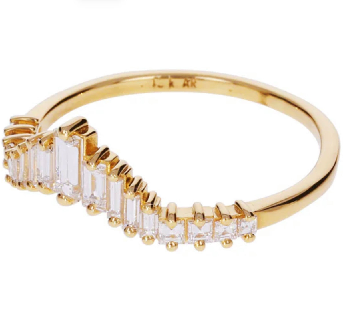 Baguette diamond stacking ring in 18K yellow gold with tapered design; Artemer hallmarks visible