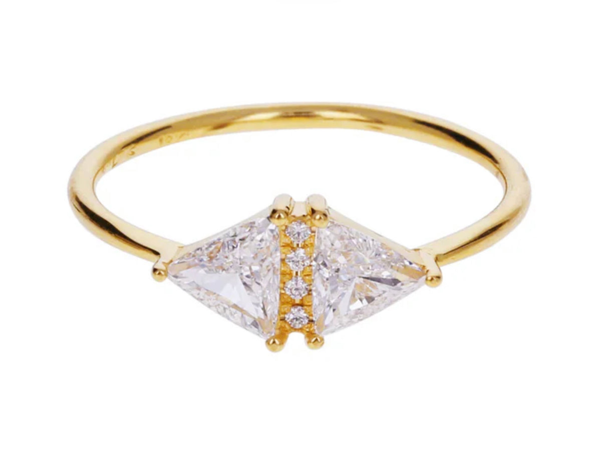 Artemer 18k gold Art Deco triangle diamond ring with two triangle cut diamonds.