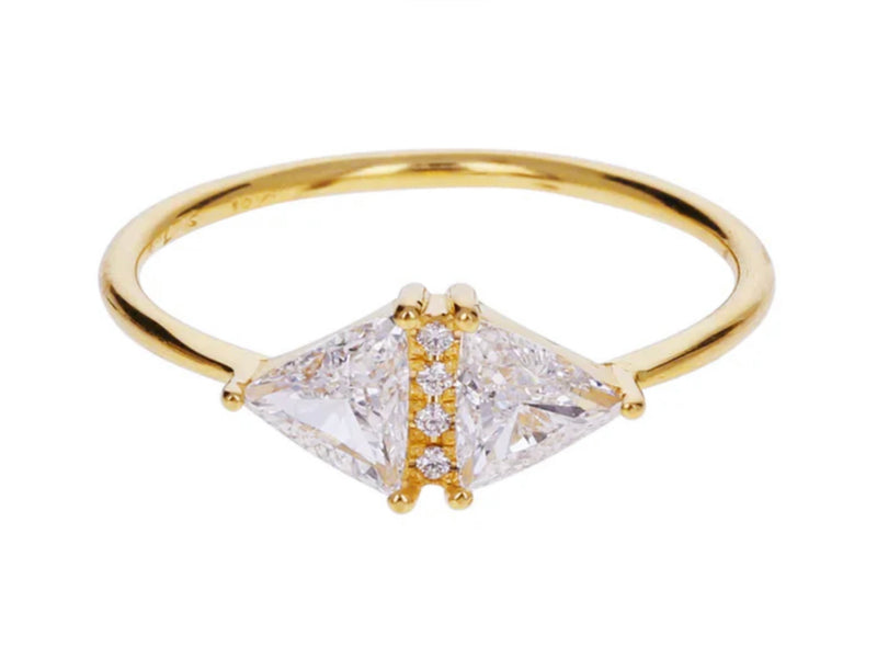 Artemer 18k gold Art Deco triangle diamond ring with two triangle cut diamonds.