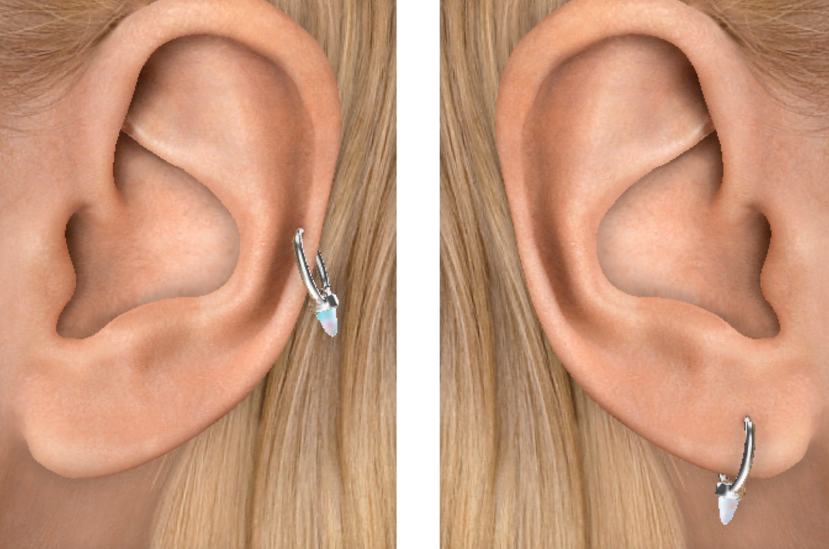 Close-up of an ear wearing Maria Tash White Gold Hoop with Opal Spike.