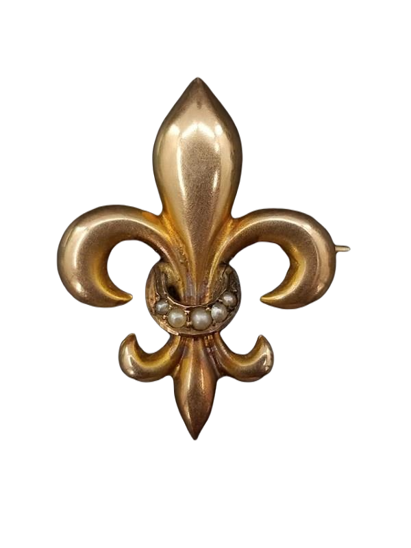 Victorian Antique 14K Yellow Gold Fleur-de-lis Seed Pearl Brooch Pendant Watch Pin - Moontide Vintage