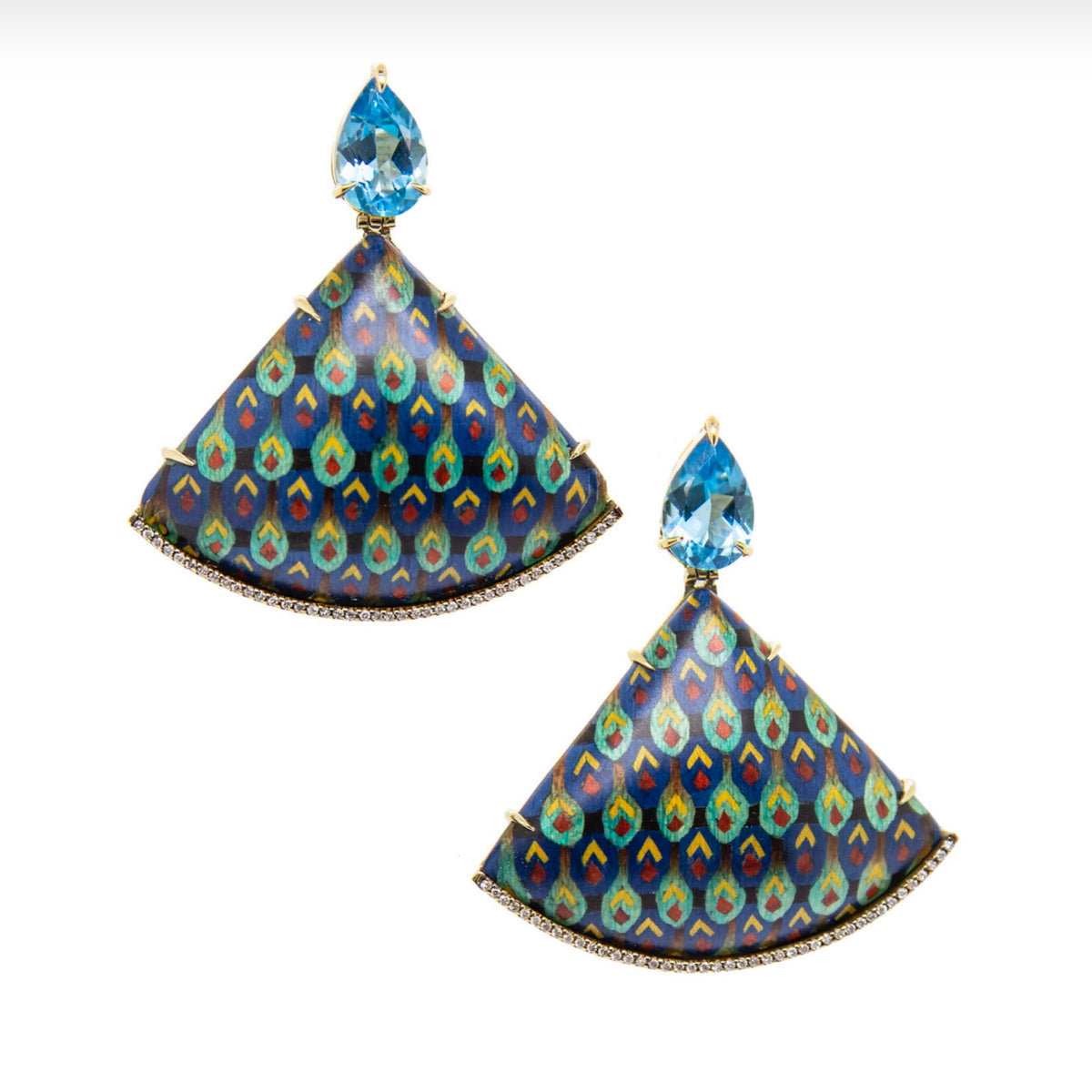 Editorial product photo of Furmanovich Egypt marquetry earrings on white background