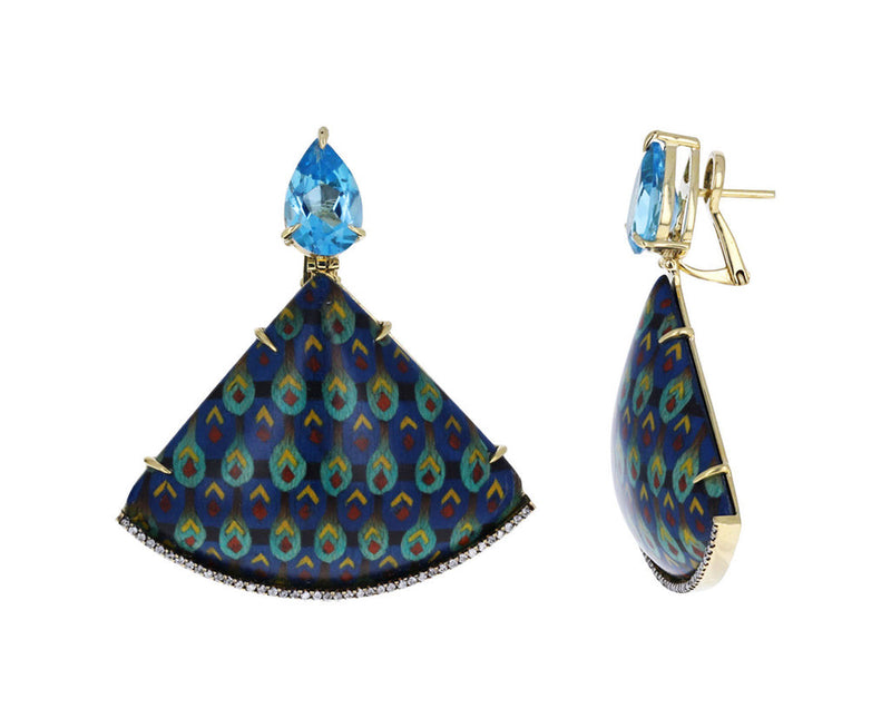 Front view and side profile of Silvia Furmanovich Egypt Collection marquetry earrings with blue topaz in 18K gold