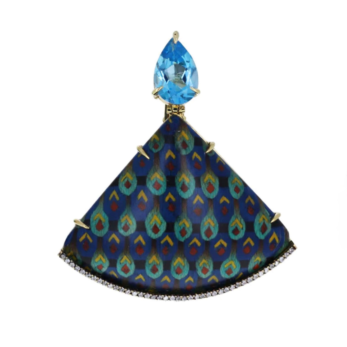 Close-up view of Furmanovich Egypt marquetry earrings on white background