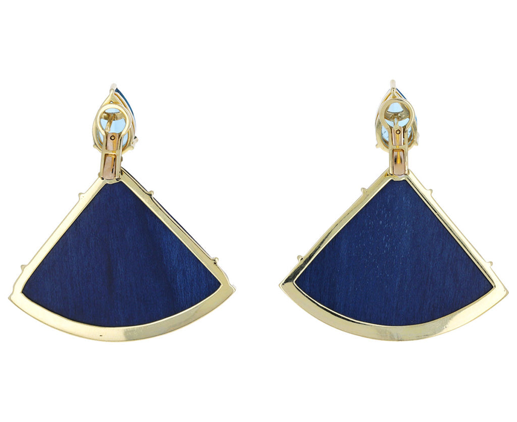 Back view of Silvia Furmanovich earrings with blue wood inlay and 18K gold frame