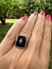 Antique 14K Gold Mourning Ring D&F Diamond Onyx Solid 14K Memorial Ring Sz 6 - Moontide Vintage