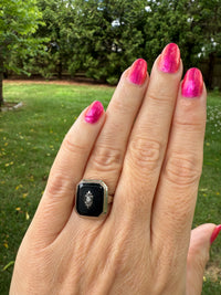 Antique 14K Gold Mourning Ring D&F Diamond Onyx Solid 14K Memorial Ring Sz 6 - Moontide Vintage