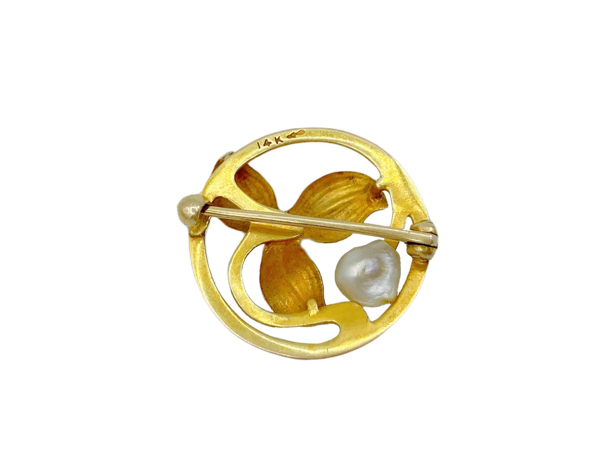 Art Nouveau Enamel Bippart & Co. 14k Gold Natural Pearl Round Leaf Ant –  Moontide Vintage