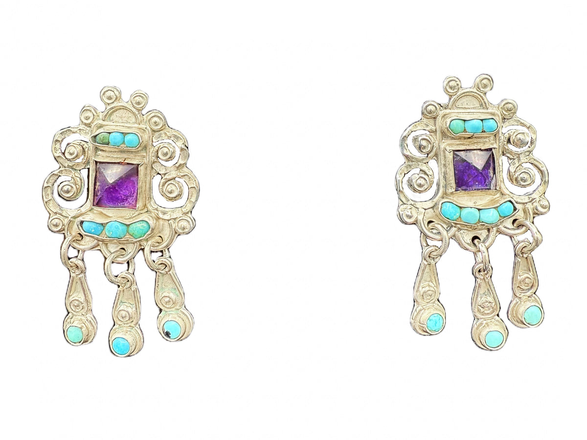Vintage Matl sterling earrings with amethyst and turquoise fringe