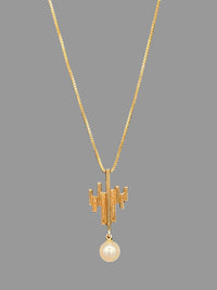 Vintage midcentury 14K gold modernist pendant necklace with pearl drop on Italian box chain.