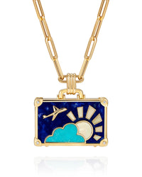 14K gold NeverNot Dreamy Night suitcase necklace with lapis, turquoise, and mother of pearl on elongated oval link chain