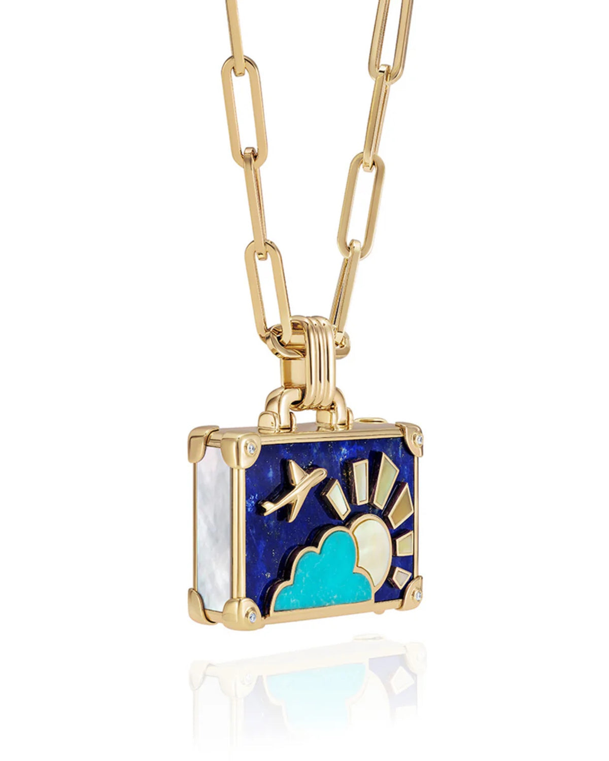 Side view of NeverNot gemstone suitcase necklace highlighting three-dimensional gold design, MOP sides,  and diamond corners
