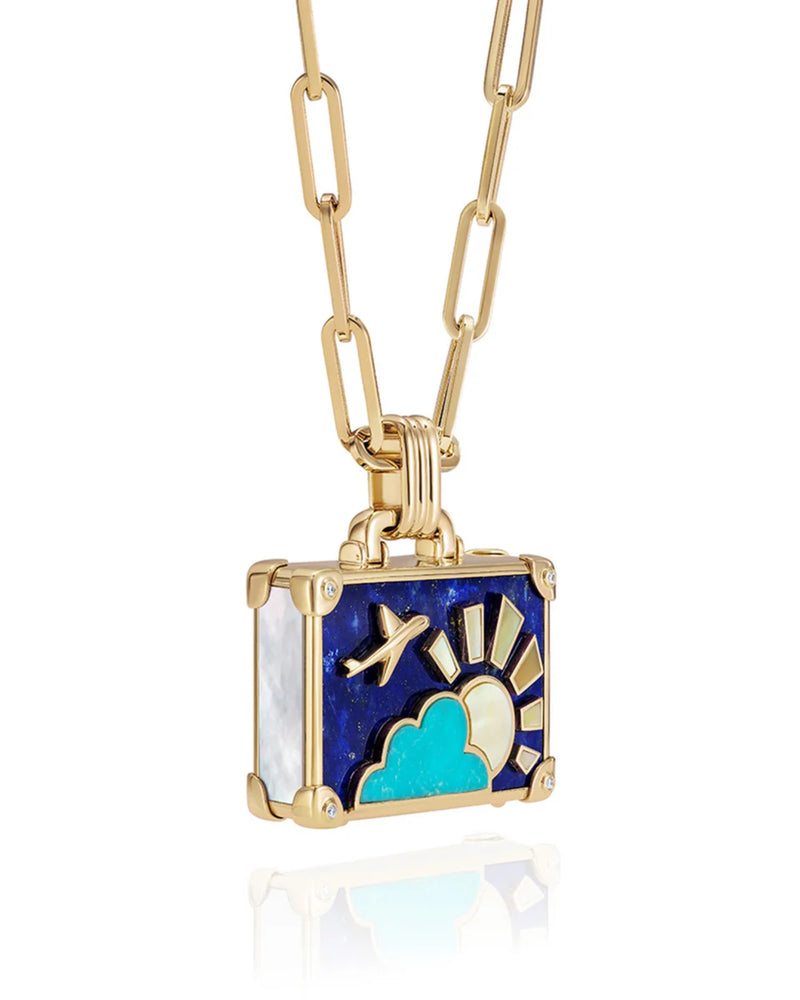 Side view of NeverNot gemstone suitcase necklace highlighting three-dimensional gold design, MOP sides,  and diamond corners