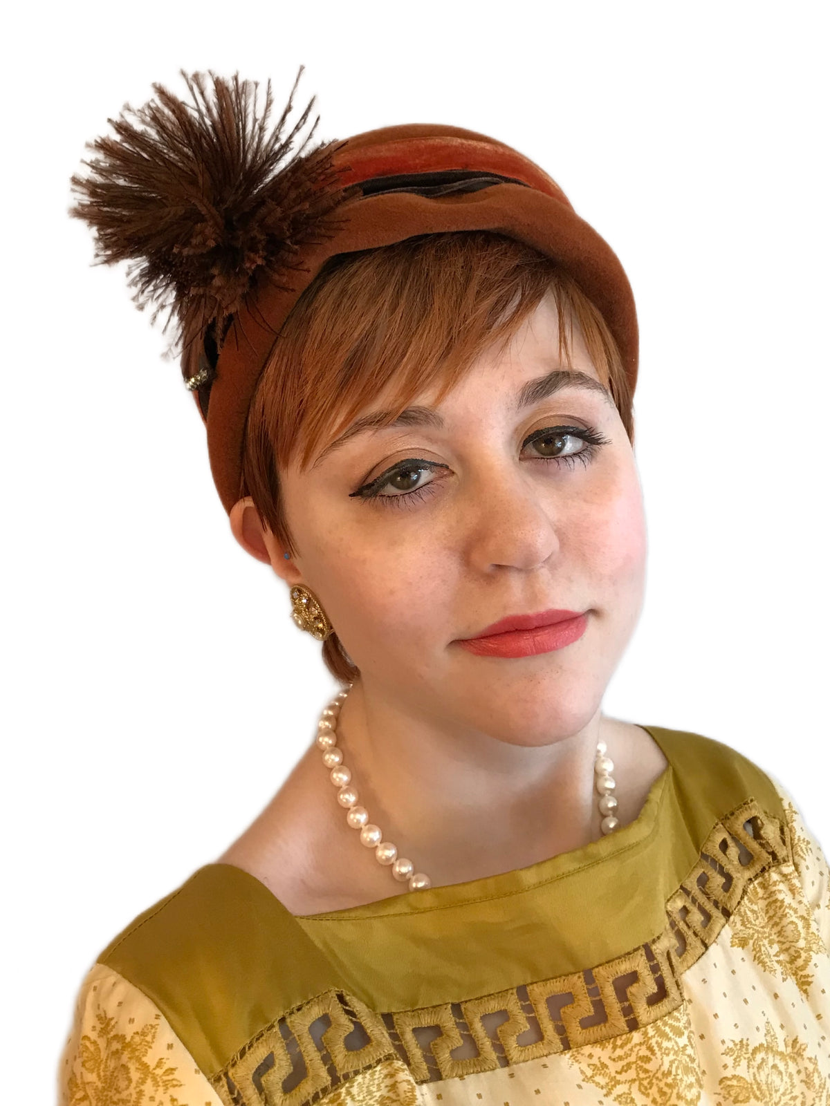 Brown velour Schiaparelli hat with velvet bands and rhinestone accent